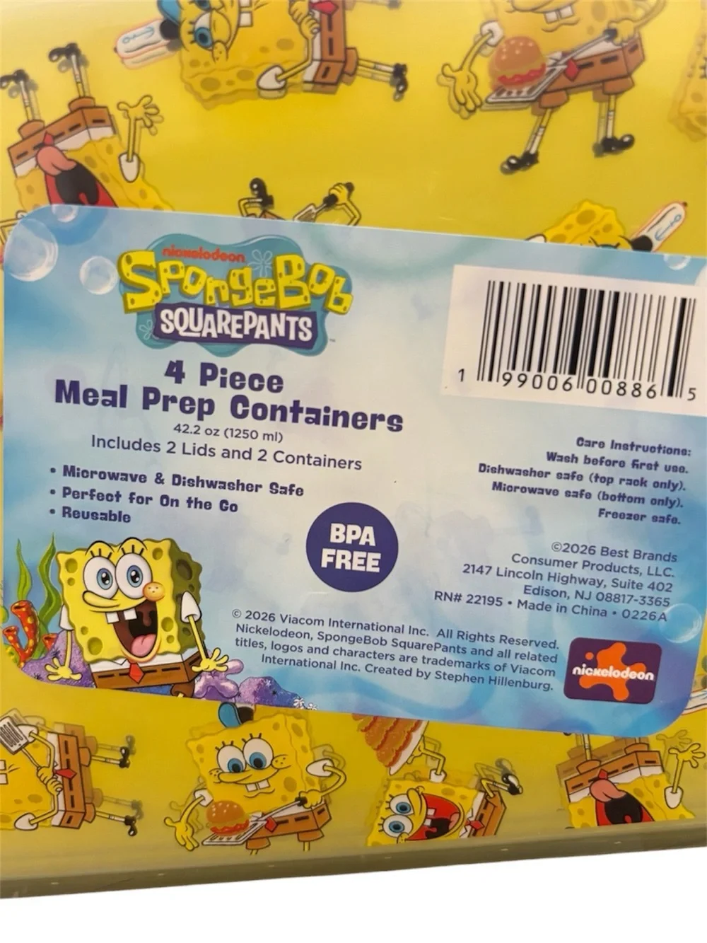 SpongeBob SquarePants Yellow Meal Prep Container 2pk NEW